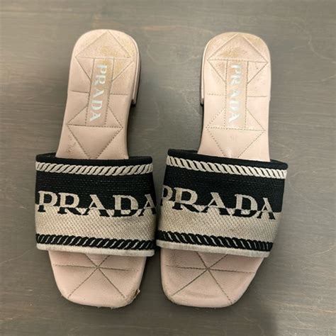 prada logo embroidered slide sandals|prada diagram platform sandal.